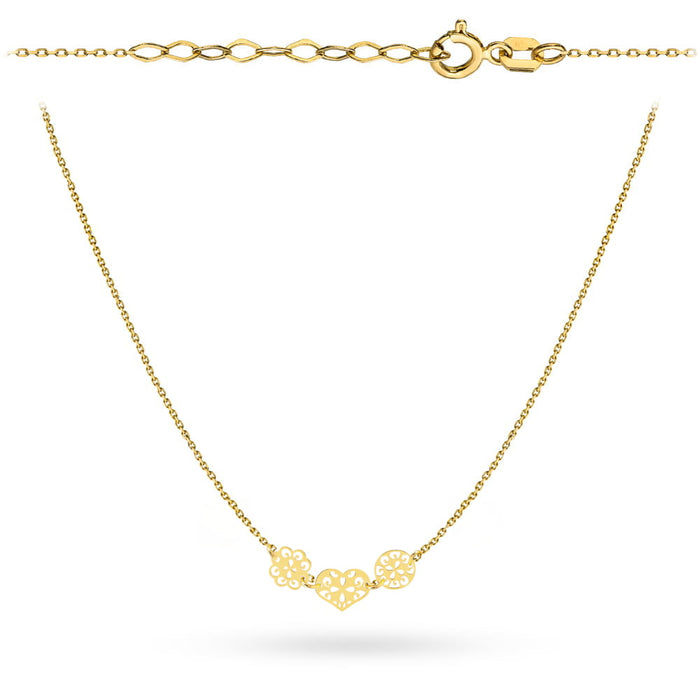 Colier Aur: Pandantiv Ajurat Inimă, Floare și Cerc
