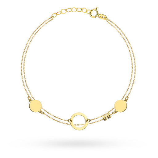 Bratara de aur cu cercuri pline, inel si bile de diamante pe un lant dublu