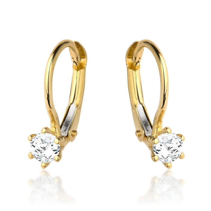 Cercei de aur cu zircon alb central pe o închizătoare franceză