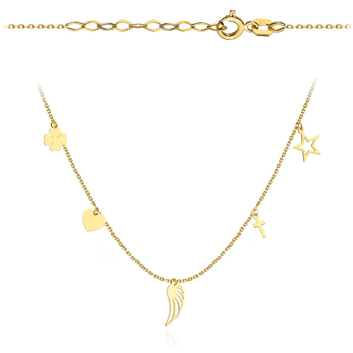Colier Aur 14K cu Trifoi, Inimă, Aripă, Cruce și Contur de Stea