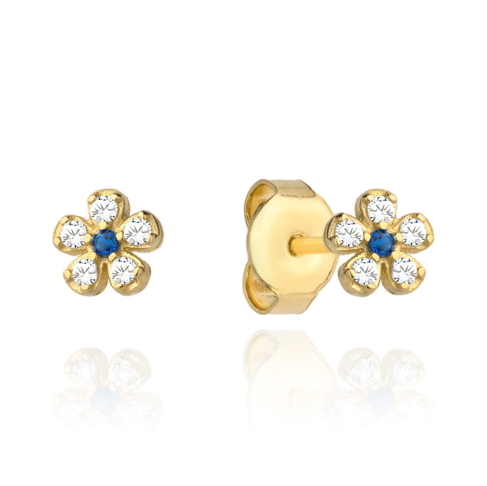 Cercei Aur Galben 14K Floricele Cu Zirconiu Albastru
