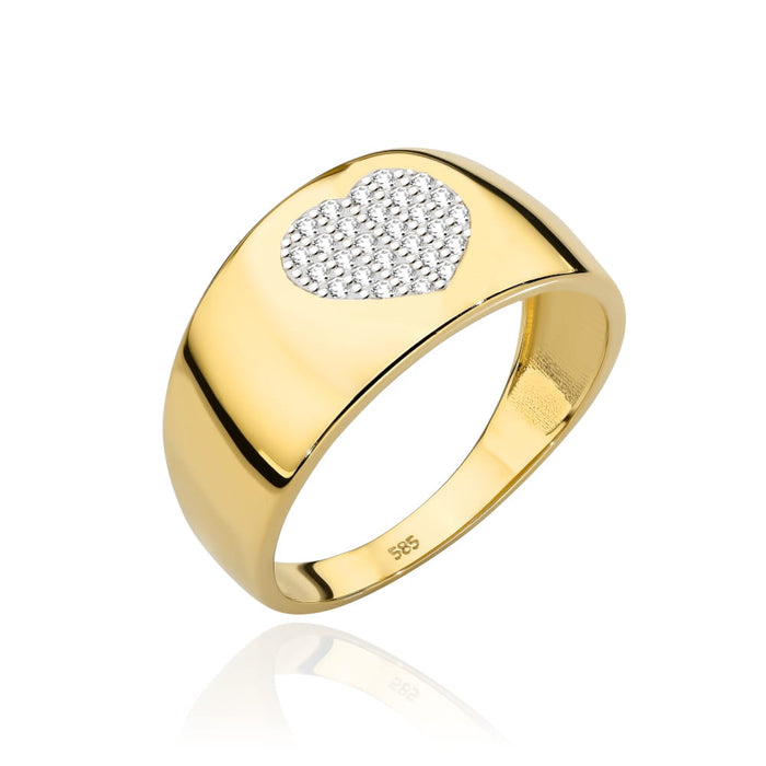 Inel Lat De Aur Cu Inimă Împodobită Cu Cristale De Zirconiu