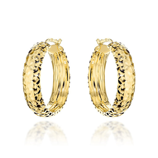 Cercei Rotunzi din Aur Galben 14K cu Șină Lată, Diamantați