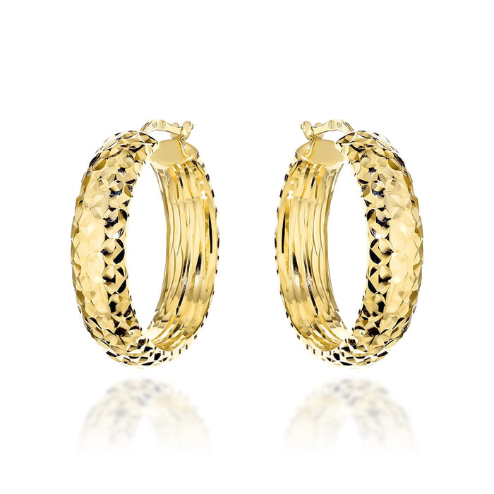 Cercei Rotunzi din Aur Galben 14K cu Șină Lată, Diamantați