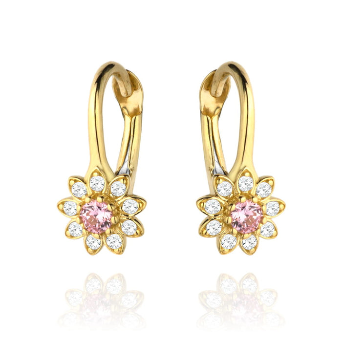 Cercei cu flori de zirconiu roz inconjurati de pietre albe