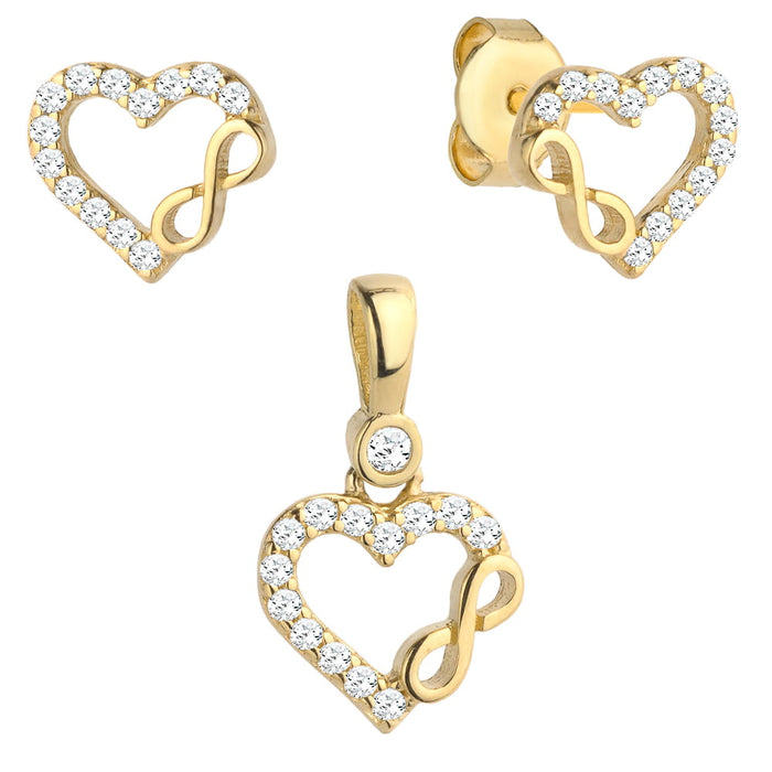 Set Cercei cu Inimioare si Infinit + Pandantiv si Cristale- Aur 14k