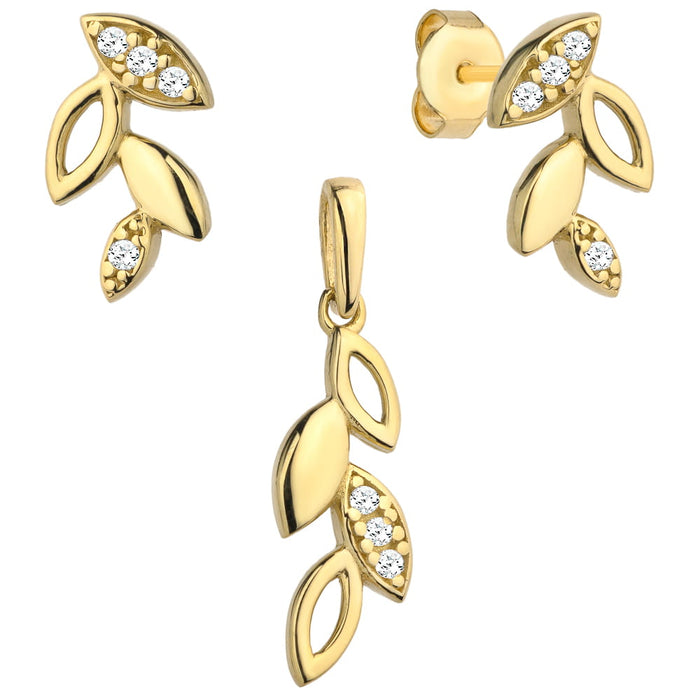 Set Cercei cu Frunze + Pandantiv si Cristale- Aur 14k