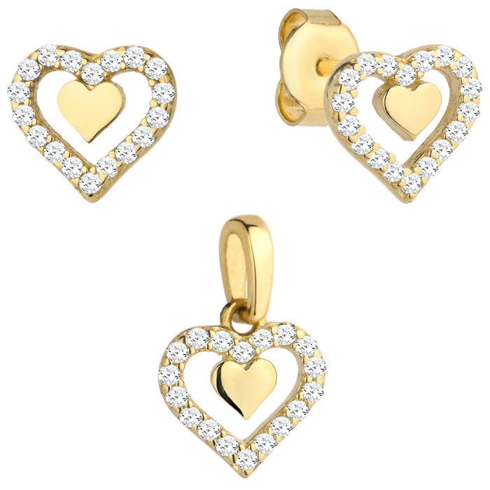 Set Cercei cu Inimioare + Pandantiv si Cristale- Aur 14k