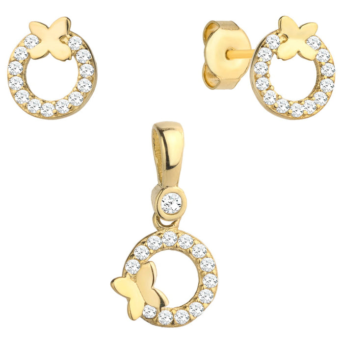 Set Cercei cu Fluturasi + Pandantiv si Cristale- Aur 14k