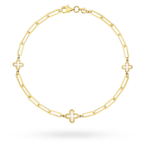 Brățară Aur 14K Cu Zale Lungi Și Trifoi Cu Masă Perlată