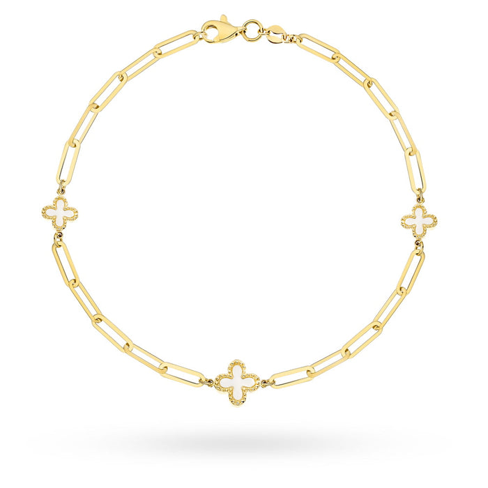 Brățară Aur 14K Cu Zale Lungi Și Trifoi Cu Masă Perlată