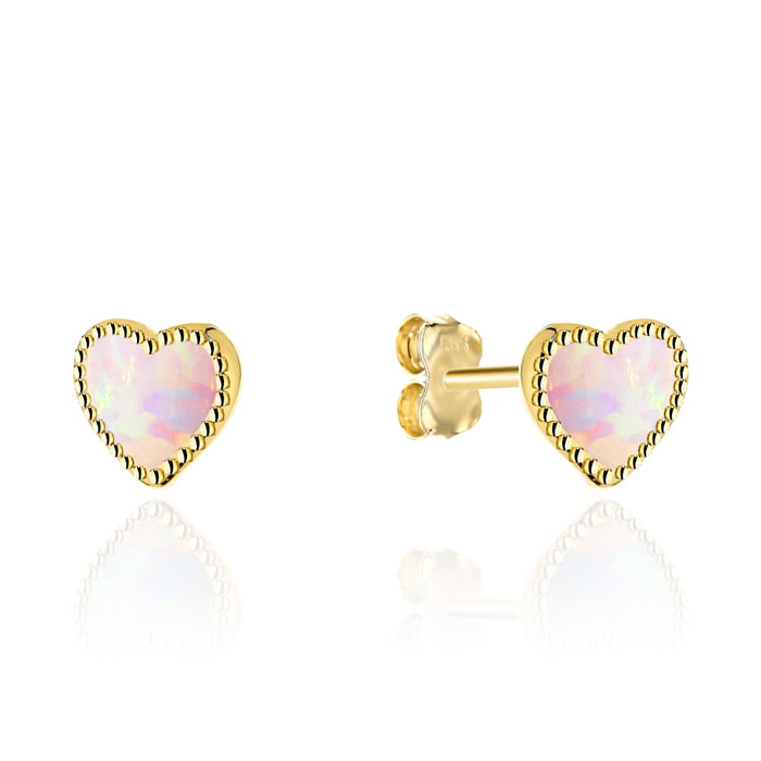 Cercei Aur 14K Inimă cu Opal Roz pe Tijă