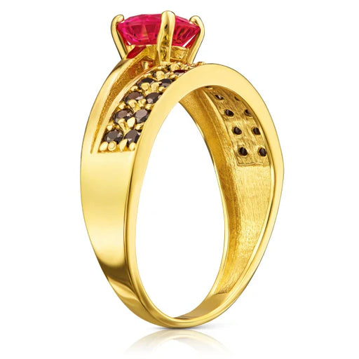 Inel Din Aur 8K Galben Cu Zirconii Negre Și De Culoarea Rubinului