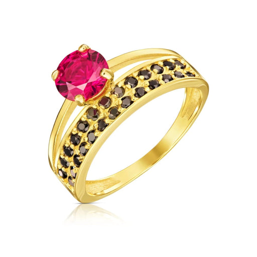 Inel Din Aur 8K Galben Cu Zirconii Negre Și De Culoarea Rubinului