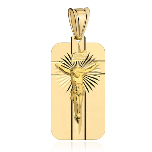 Medalion Din Aur Galben Cu Isus Răstignit Și Cruce Sculptată Pe Plăcuță Dreptunghiulară