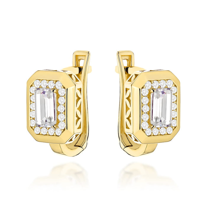 Cercei Eleganți Din Aur Galben 14K Cu Cristale Zirconiu Și Sistem Englezesc