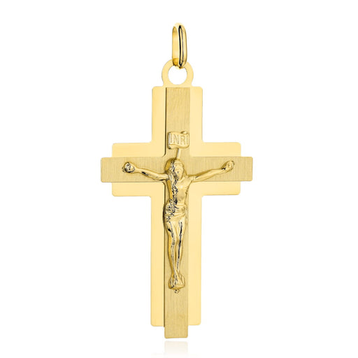 Cruciuliță Mare cu Isus din Aur 14K Galben, Satinsată cu Contur Lucios