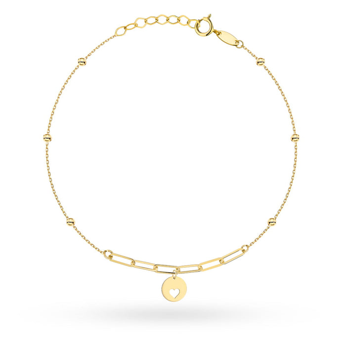 Brățară Din Aur 14K, Cu Biluțe, Zale Ovale Și Pandantiv Cerc Cu Inimă