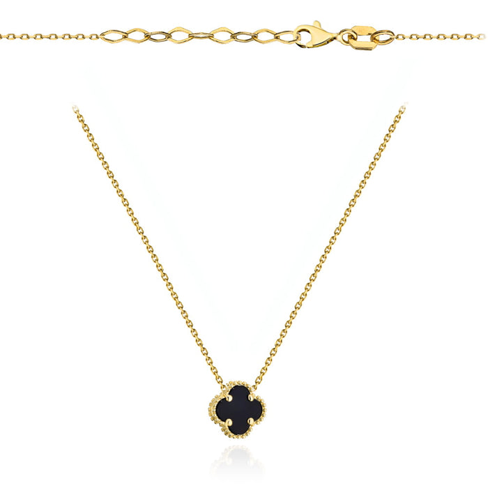 Colier Delicat Din Aur 14K Cu Pandantiv Trifoi Negru Și Onix Sintetic