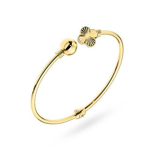 Brățară Fixă Din Aur 14K Cu Bilă Și Trifoi Cu Modelaj „Diamentat”