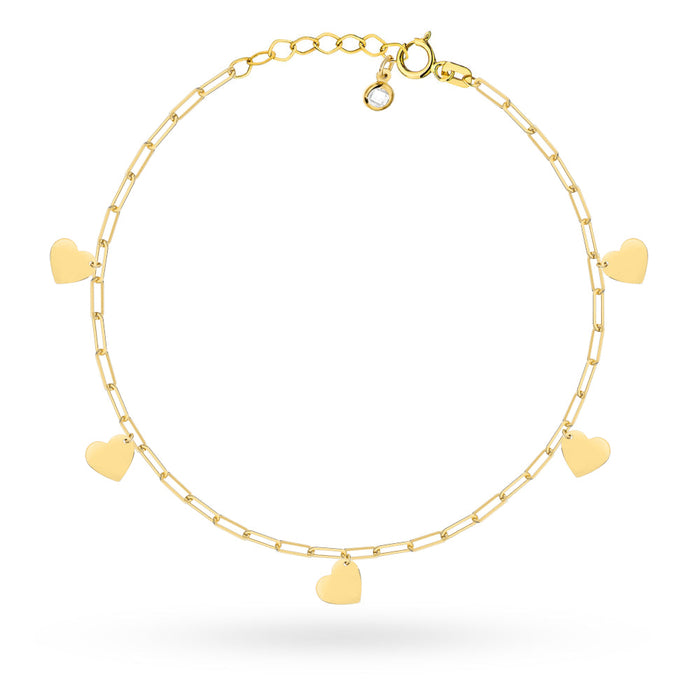 Brățară de Gleznă Aur 14K cu Zale Lungi și Inimioare Pendulare
