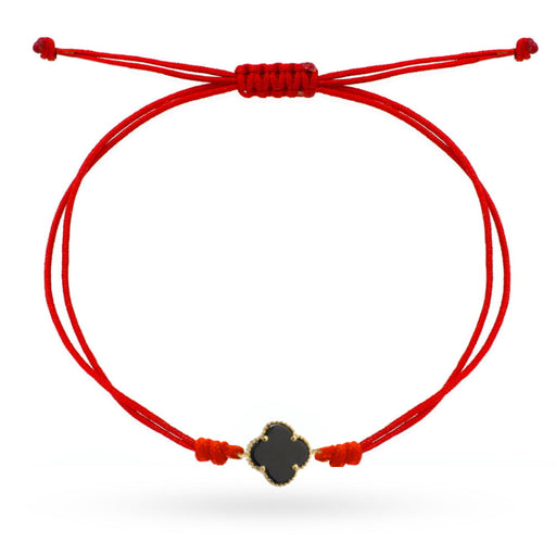 Brățară Aur 14K Trifoi Negru pe Șnur Roșu - Eleganță și Noroc