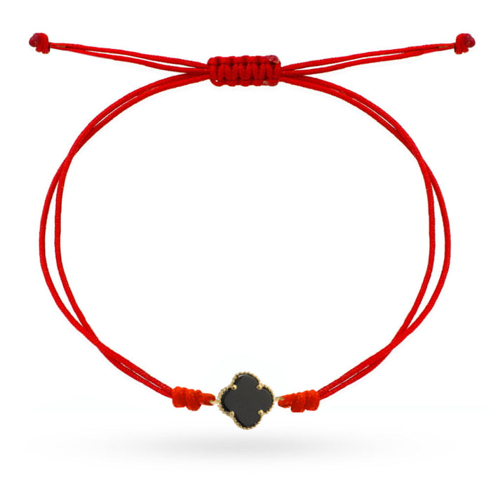 Brățară Aur 14K Trifoi Negru pe Șnur Roșu - Eleganță și Noroc