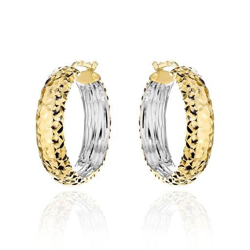 Cercei Aur 14K Rotunzi Diamantați Cu Bară Lată - Două Culori