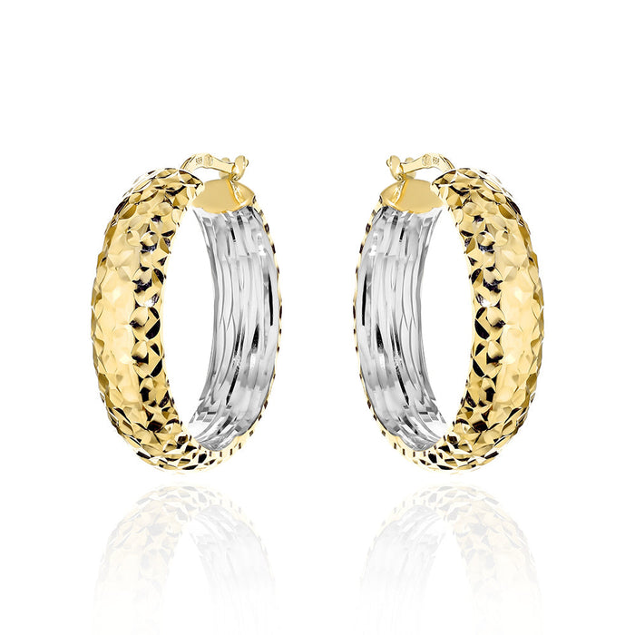 Cercei Aur 14K Rotunzi Diamantați Cu Bară Lată - Două Culori