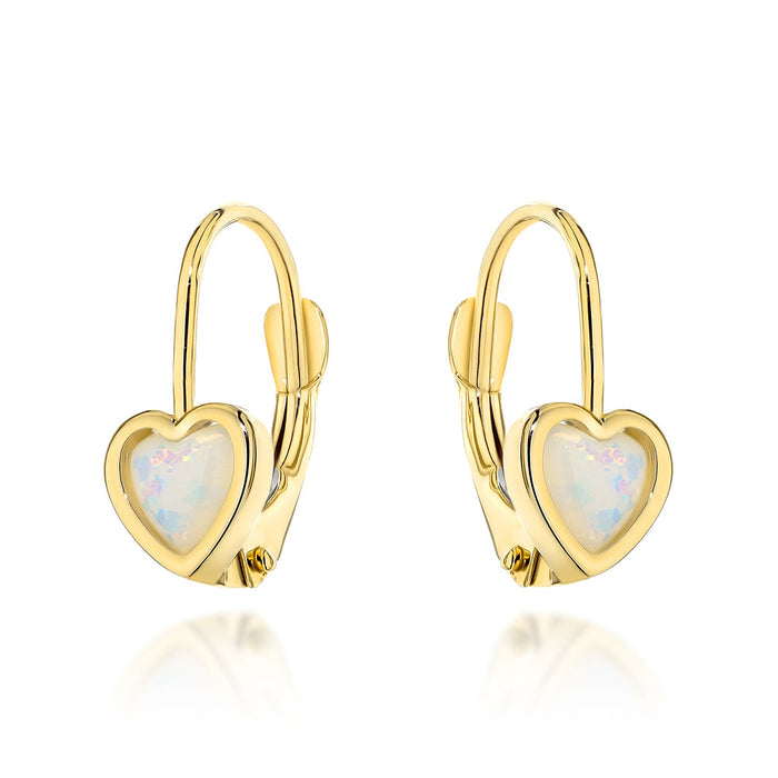 Cercei Aur 14K Inimioare cu Opalit pe Sistem Englezesc