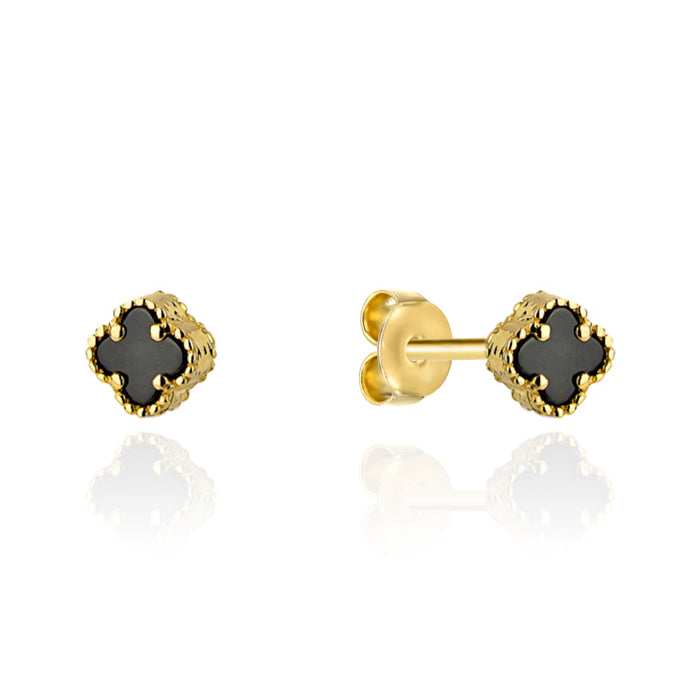 Cercei Aur 14K cu Trifoi Negru de 4mm - Eleganță și Noroc