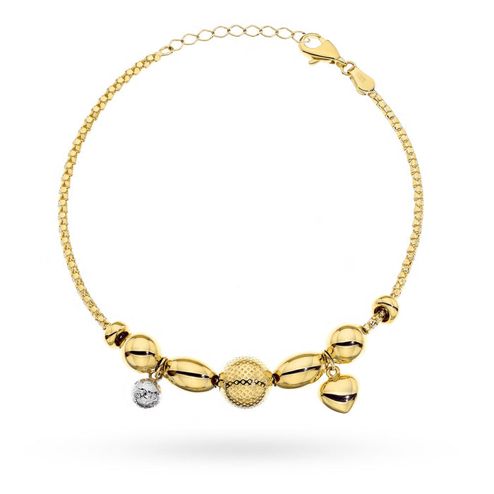 Bratara Aur 14K cu Bile și Inimă în Două Culori, Finisaj Diamantat