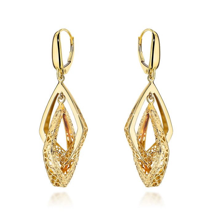 Cercei Aur 14K Romboizi Dubli Ajourati cu Finisaj Diamantat