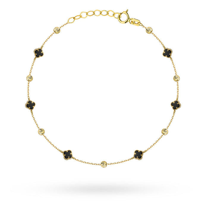 Brățară Aur 14K cu Trifoi Negru și Biluțe Diamantate