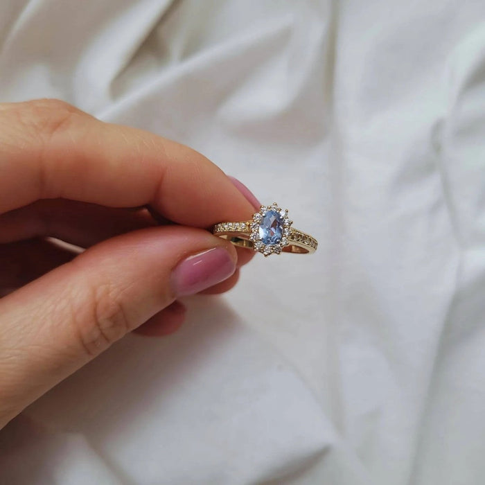 Inel Aur 8K Cu Piatra Albastră și Zirconiu