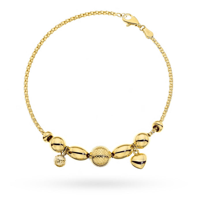 Brățară Aur 14K Cu Bile, Inimă și Detalii Diamantate