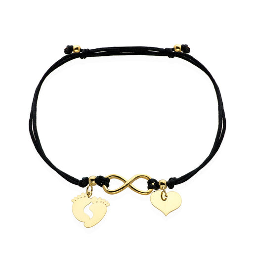 Brățară Aur 14K cu Simboluri: Piciorușe, Infinit și Inimă pe Șnur Negru