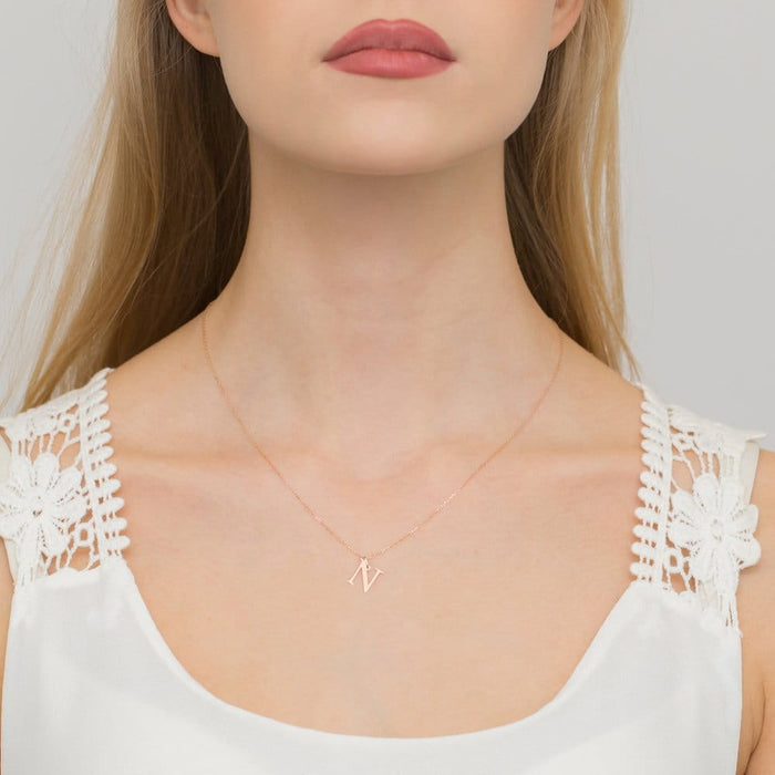 Colier cu pandantiv litera N din Aur 14K cu Diamant 0.005 ct - Roz