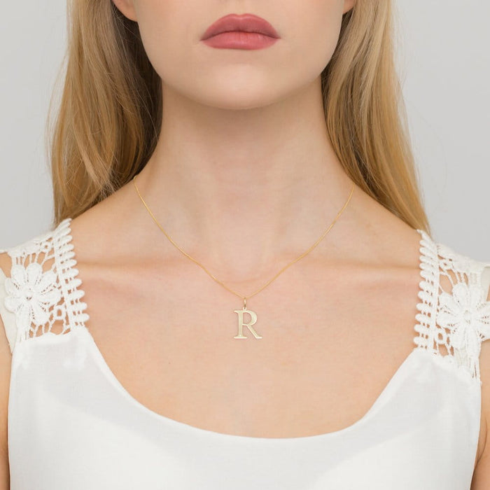 COLIER CU PANDANTIV LITERA R DIN AUR 14K CU Diamant Natural 0.005 CT