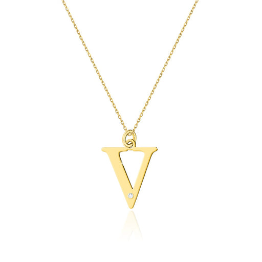 COLIER CU PANDANTIV LITERA V DIN AUR 14K CU Diamant Natural 0.005 CT