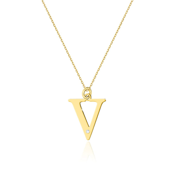COLIER CU PANDANTIV LITERA V DIN AUR 14K CU Diamant Natural 0.005 CT