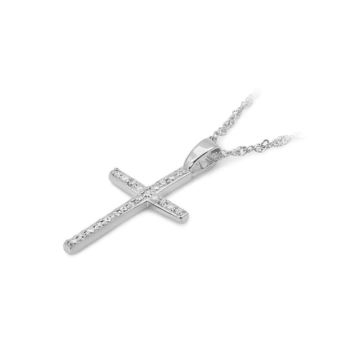 Pandantiv Cruce Aur 14K cu Diamante 0.05 ct - Alb