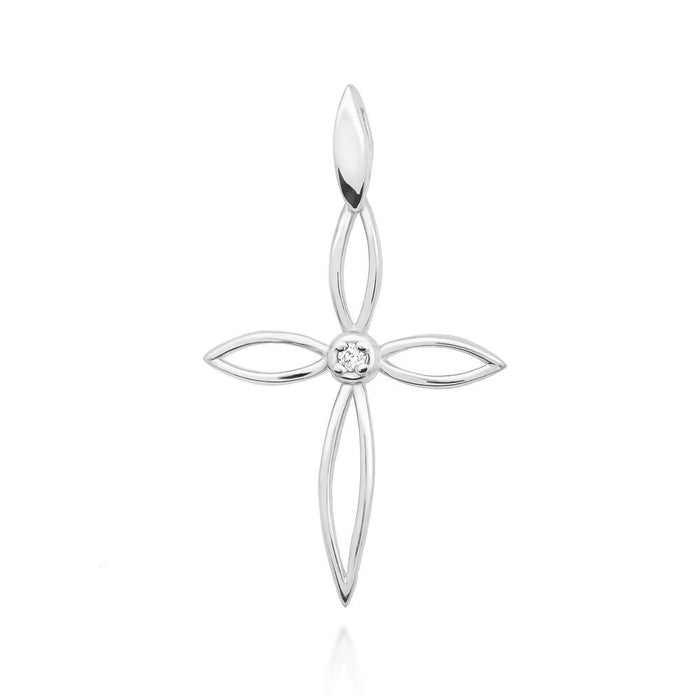 Pandantiv Cruce Aur 14K cu Diamante 0.02 ct - Alb