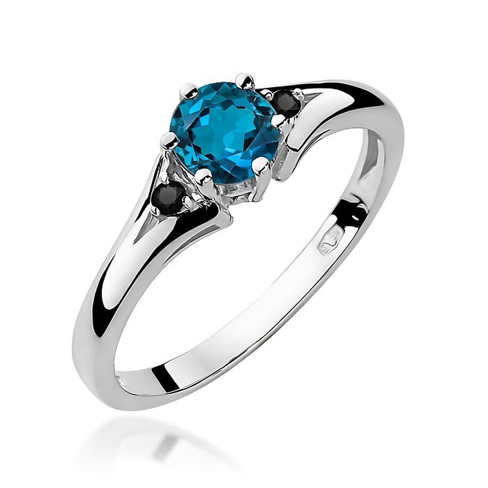 Inel Aur 14K cu Topaz London Blue 0.50 ct si Diamante Naturale Negre 0.03 ct