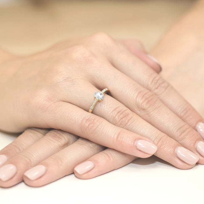 Inel Aur 14K cu Safir Alb 0.50 ct si Diamante Naturale Naturale 0.05 ct