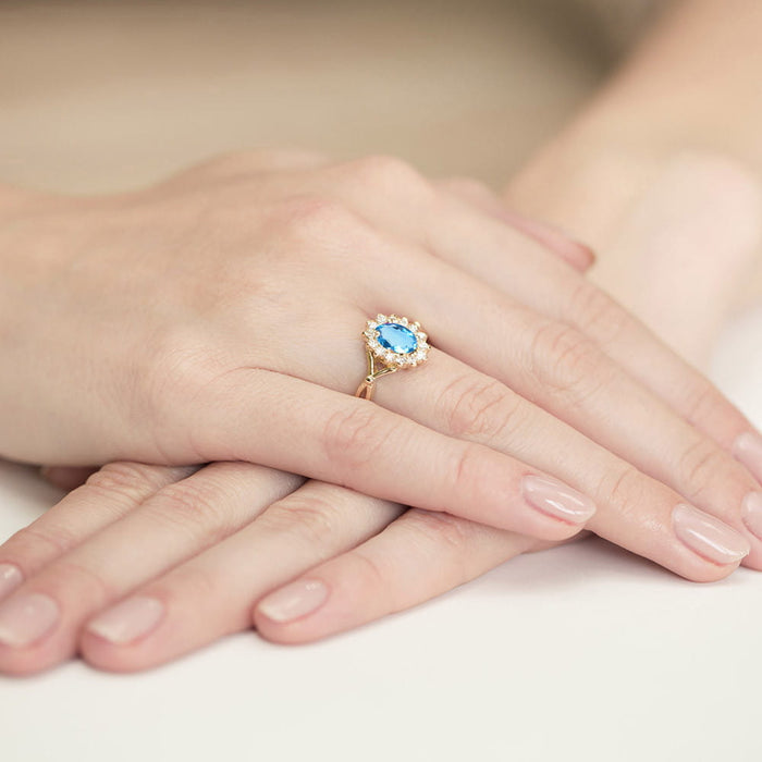 Inel Aur 14K cu Topaz Albastru 0.50 ct si Diamante Naturale Naturale 0.12 ct