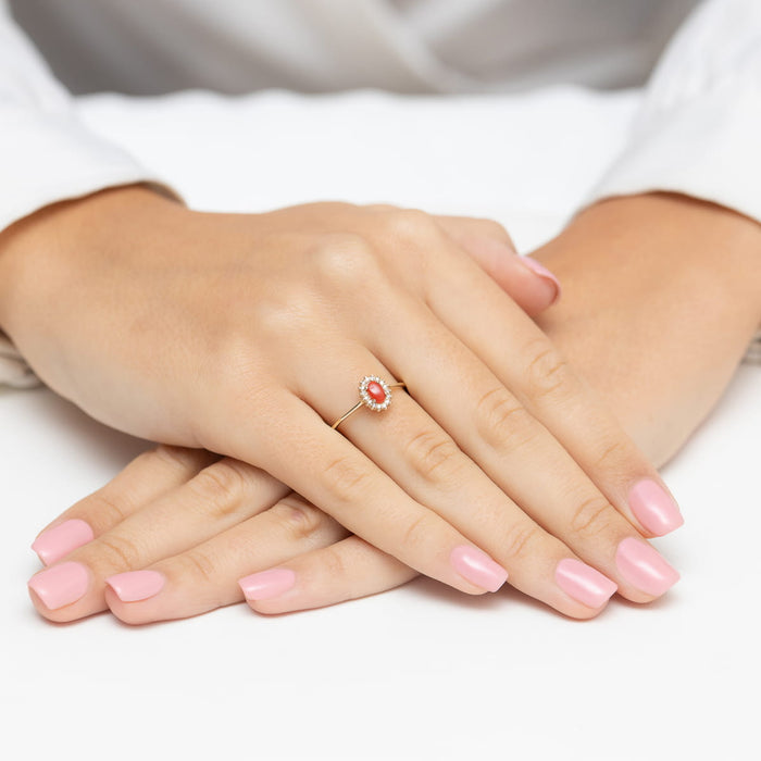 Inel Aur 14K cu Coral 0.20 ct si Diamante Naturale 0.08 ct