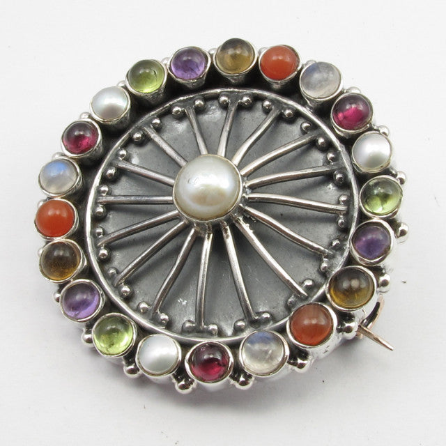 Brosa Argint 925 cu Ametist, Citrin, Carnelian,Garnet, Piatra Lunii si PerlaFreshWater, 3.1 cm