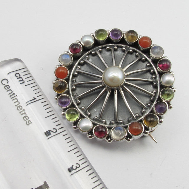 Brosa Argint 925 cu Ametist, Citrin, Carnelian,Garnet, Piatra Lunii si PerlaFreshWater, 3.1 cm