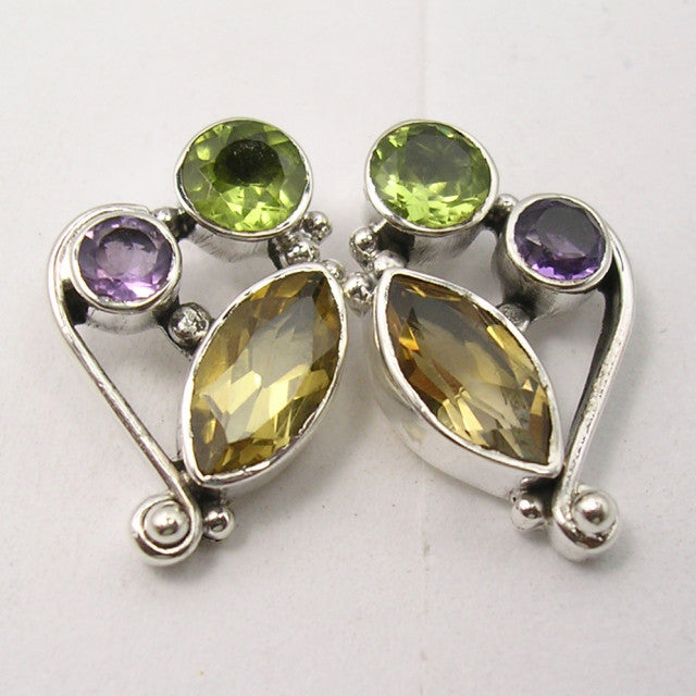 Cercei Argint 925 cu Ametist,Citrin si Peridot 1.9 cm lungime